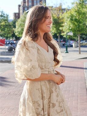 Cream Floral Lace Midi Dress with Puff Sleeves and Belt - Savannah Taylor Olivia